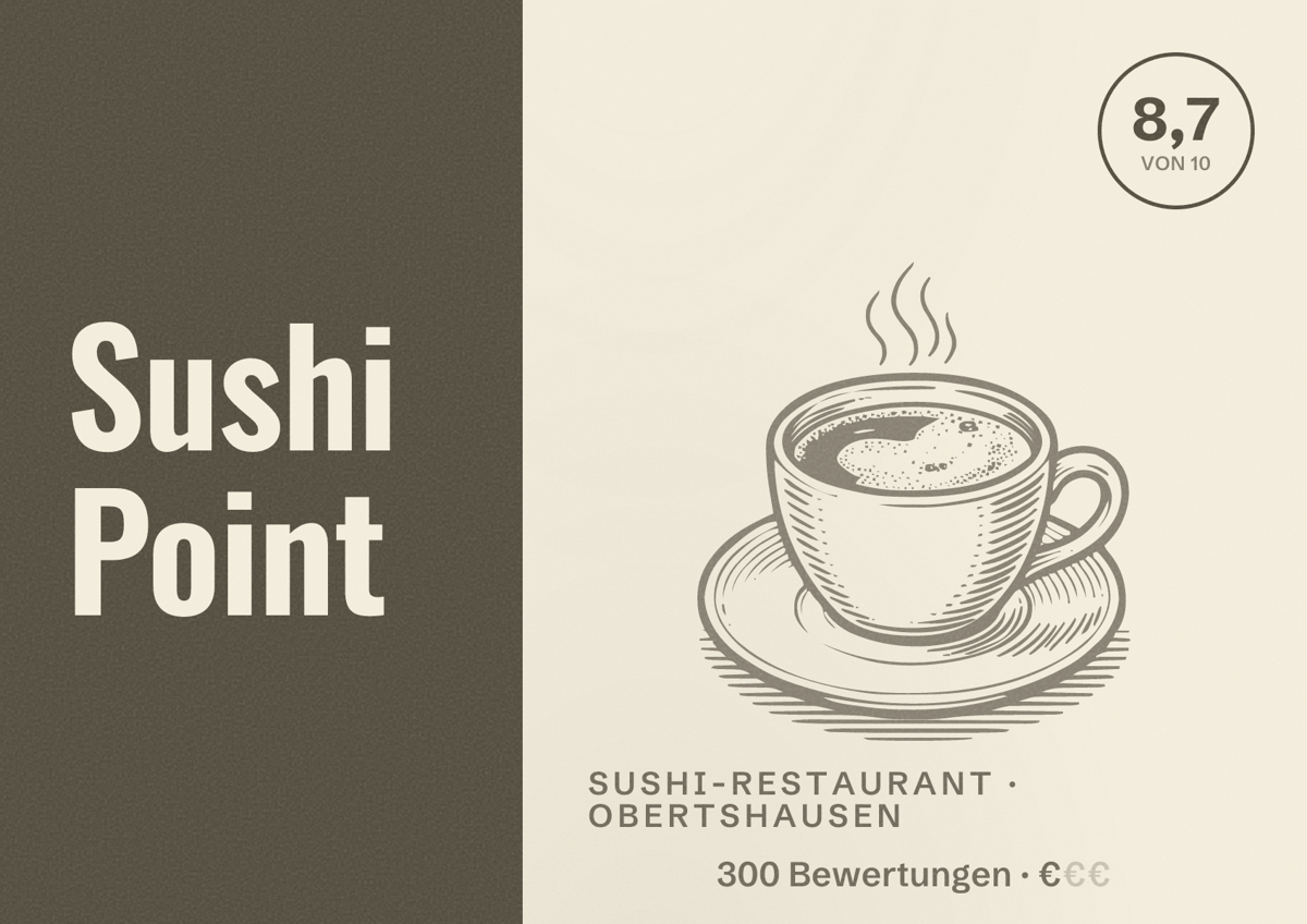 Illustriertes Poster von Sushi Point, Sushi-Restaurant in Obertshausen: Bewertung 8,7 von 10 aus 300 Bewertungen, Preisniveau €