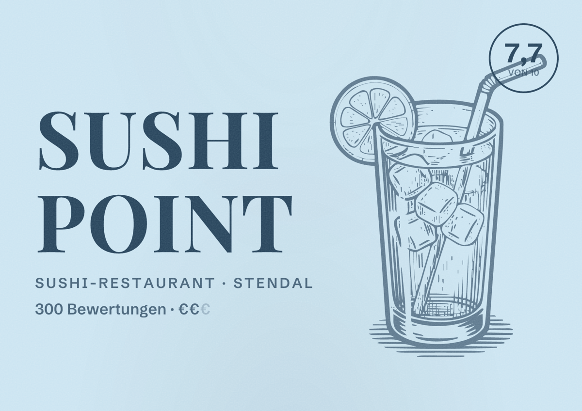 Illustriertes Poster von Sushi Point, Sushi-Restaurant in Stendal: Bewertung 7,7 von 10 aus 300 Bewertungen, Preisniveau €€