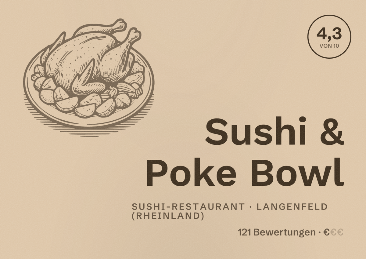 Illustriertes Poster von Sushi & Poke Bowl, Sushi-Restaurant in Langenfeld (Rheinland): Bewertung 4,3 von 10 aus 121 Bewertungen, Preisniveau €