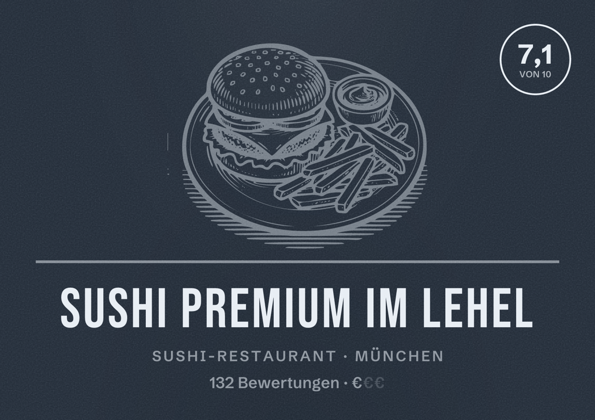 Illustriertes Poster von Sushi Premium im Lehel, Sushi-Restaurant in München: Bewertung 7,1 von 10 aus 132 Bewertungen, Preisniveau €