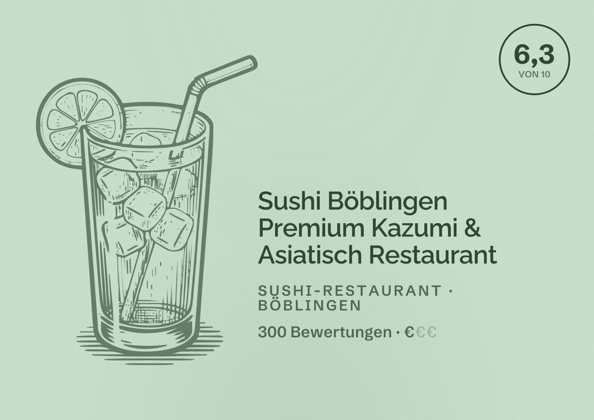Illustriertes Poster von Sushi Böblingen Premium Kazumi & Asiatisch Restaurant, Sushi-Restaurant in Böblingen: Bewertung 6,3 von 10 aus 300 Bewertungen, Preisniveau €