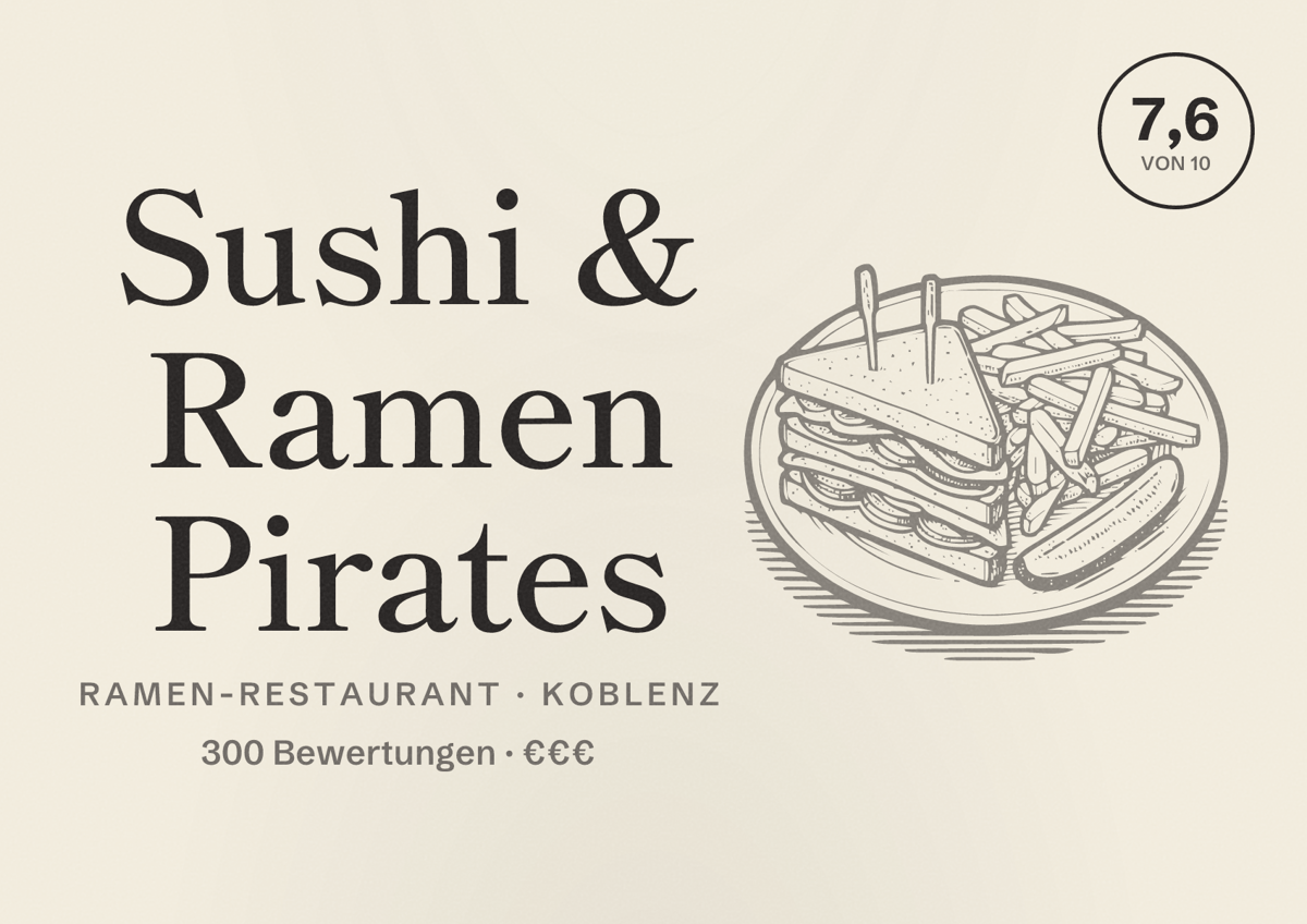 Illustriertes Poster von Sushi & Ramen Pirates, Ramen-Restaurant in Koblenz: Bewertung 7,6 von 10 aus 300 Bewertungen, Preisniveau €€€