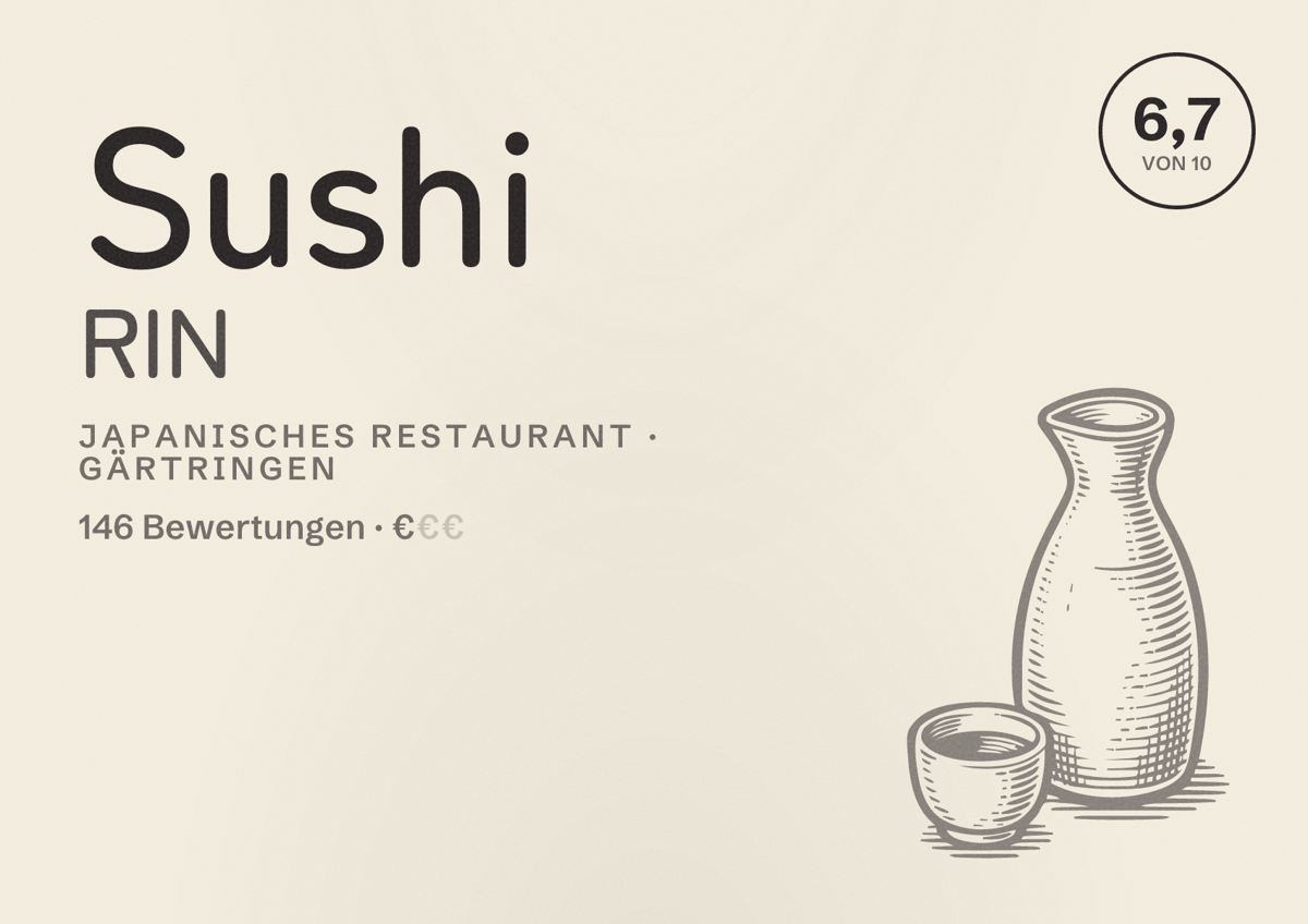 Illustriertes Poster von Sushi RIN, Japanisches Restaurant in Gärtringen: Bewertung 6,7 von 10 aus 146 Bewertungen, Preisniveau €