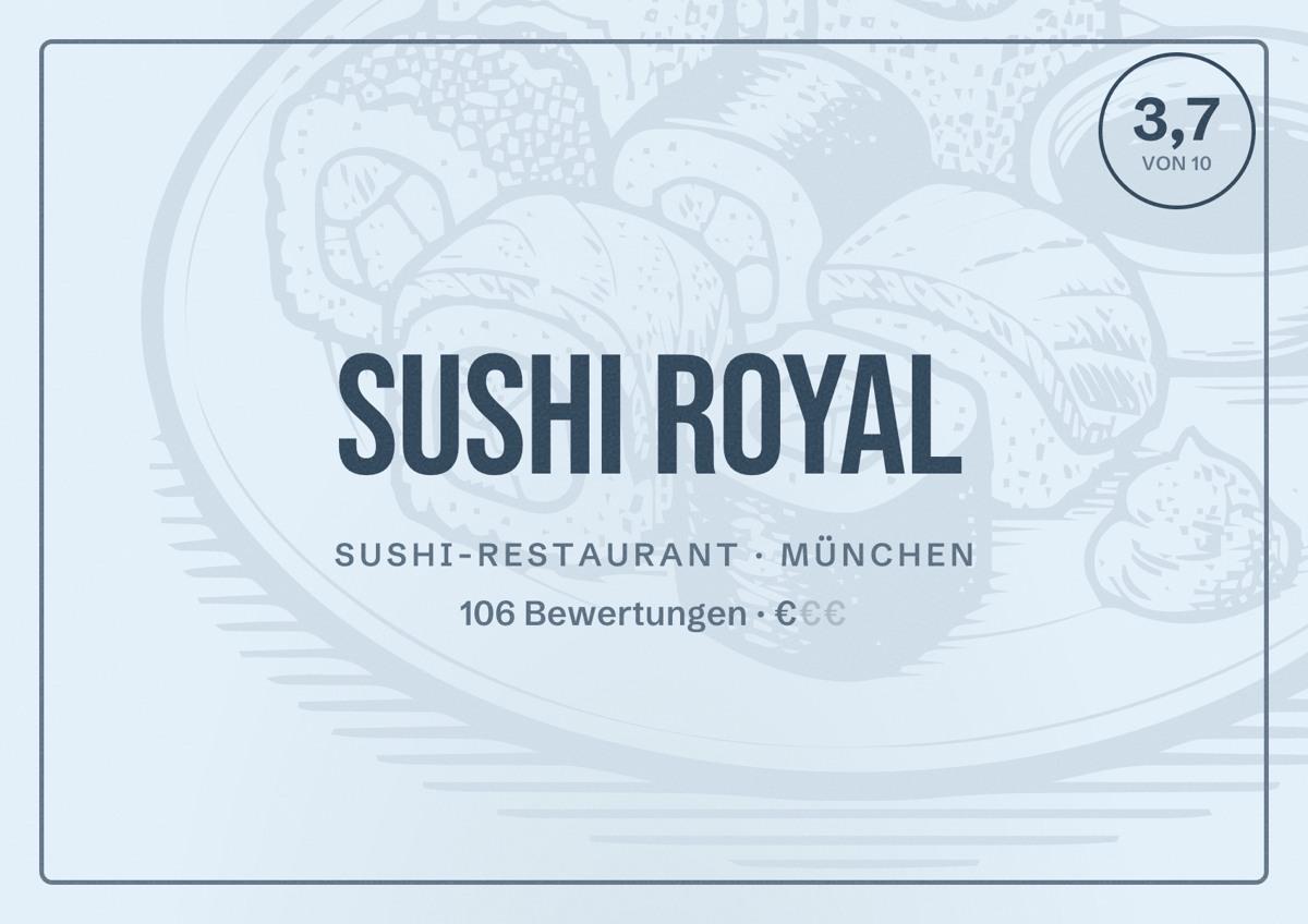 Illustriertes Poster von Sushi Royal, Sushi-Restaurant in München: Bewertung 3,7 von 10 aus 106 Bewertungen, Preisniveau €