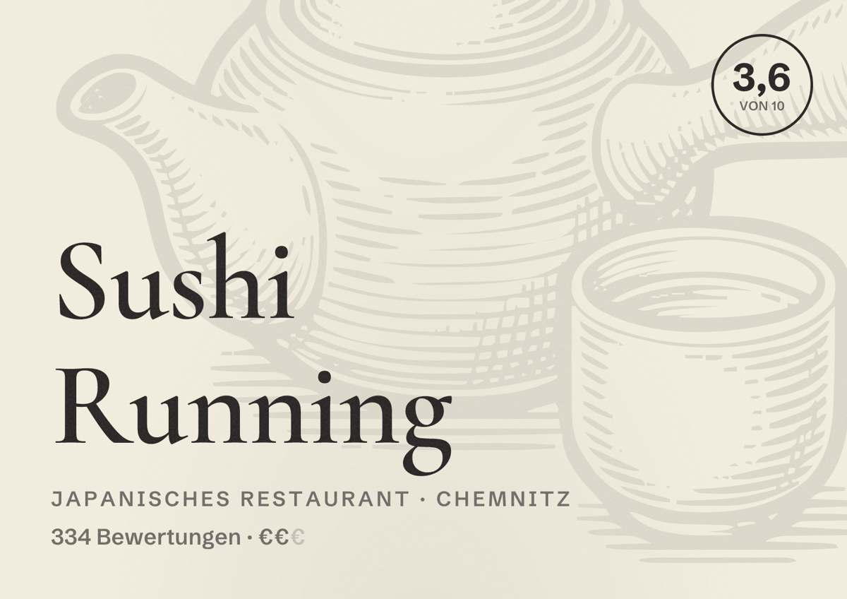 Illustriertes Poster von Sushi Running, Japanisches Restaurant in Chemnitz: Bewertung 3,6 von 10 aus 334 Bewertungen, Preisniveau €€