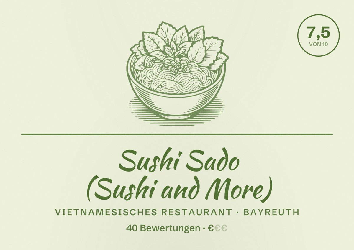 Illustriertes Poster von Sushi Sado (Sushi and More), Vietnamesisches Restaurant in Bayreuth: Bewertung 7,5 von 10 aus 40 Bewertungen, Preisniveau €