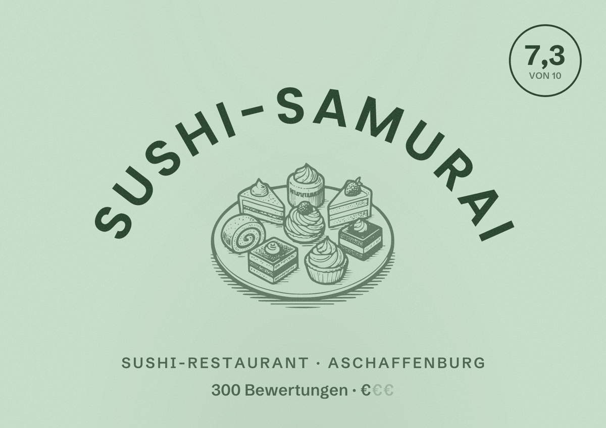 Illustriertes Poster von Sushi-Samurai, Sushi-Restaurant in Aschaffenburg: Bewertung 7,3 von 10 aus 300 Bewertungen, Preisniveau €