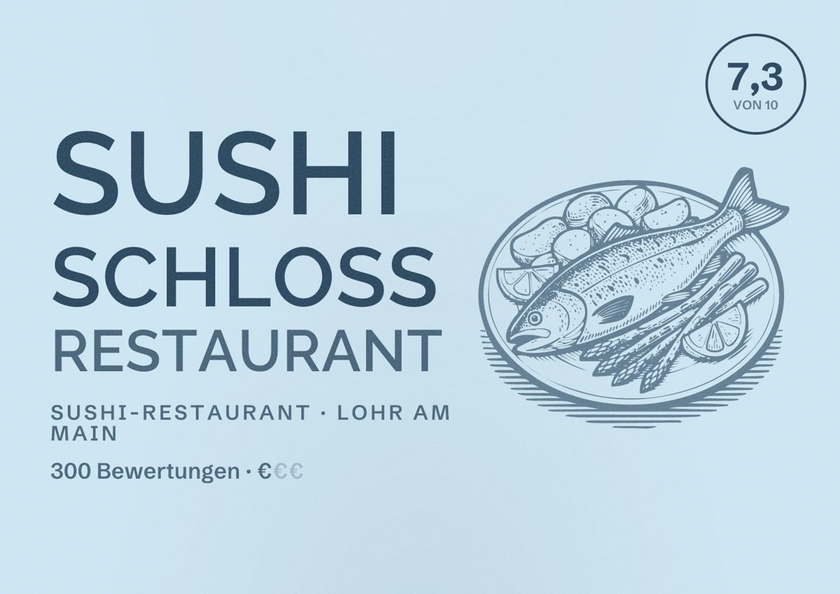 Illustriertes Poster von Sushi Schloss Restaurant, Sushi-Restaurant in Lohr am Main: Bewertung 7,3 von 10 aus 300 Bewertungen, Preisniveau €
