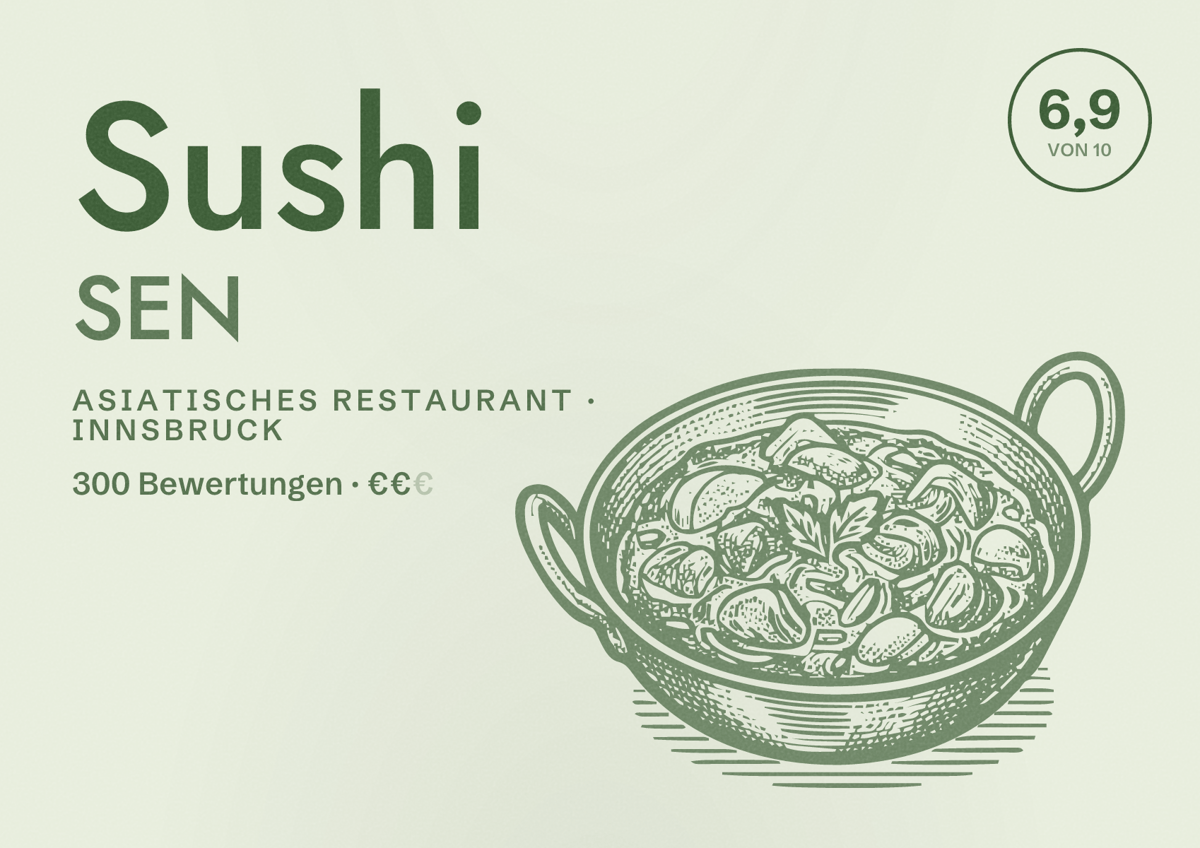 Illustriertes Poster von Sushi SEN, Asiatisches Restaurant in Innsbruck: Bewertung 6,9 von 10 aus 300 Bewertungen, Preisniveau €€