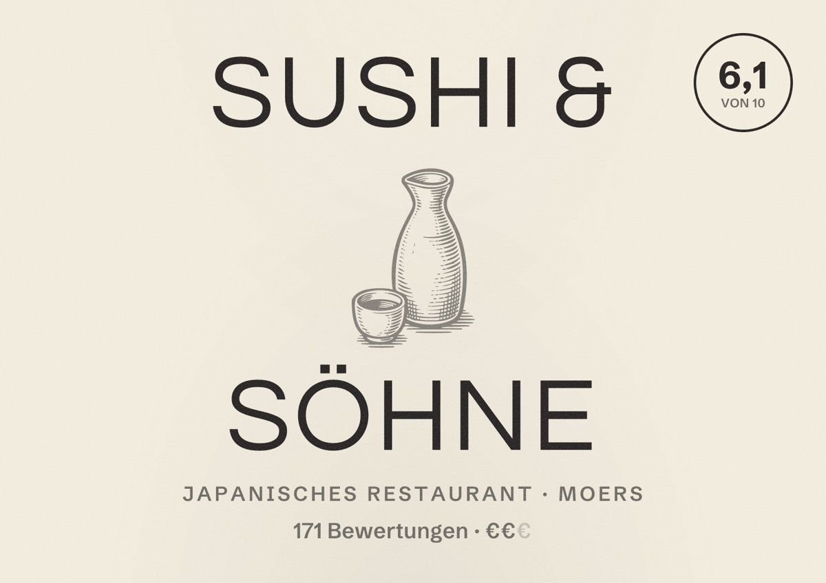 Illustriertes Poster von Sushi & Söhne, Japanisches Restaurant in Moers: Gästebewertung 6,1 von 10 aus 171 Bewertungen