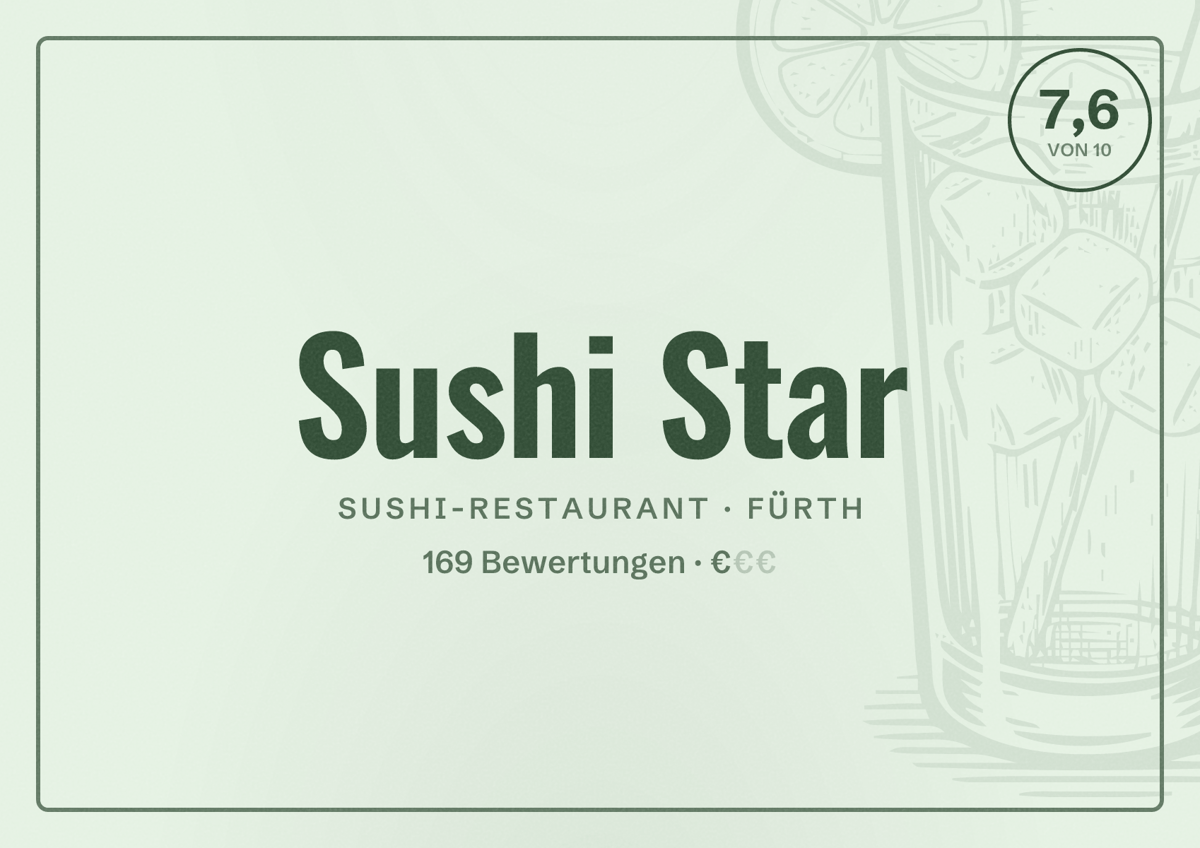 Illustriertes Poster von Sushi Star, Sushi-Restaurant in Fürth: Bewertung 7,6 von 10 aus 169 Bewertungen, Preisniveau €