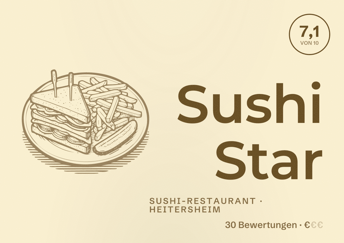 Illustriertes Poster von Sushi Star, Sushi-Restaurant in Heitersheim: Bewertung 7,1 von 10 aus 30 Bewertungen, Preisniveau €