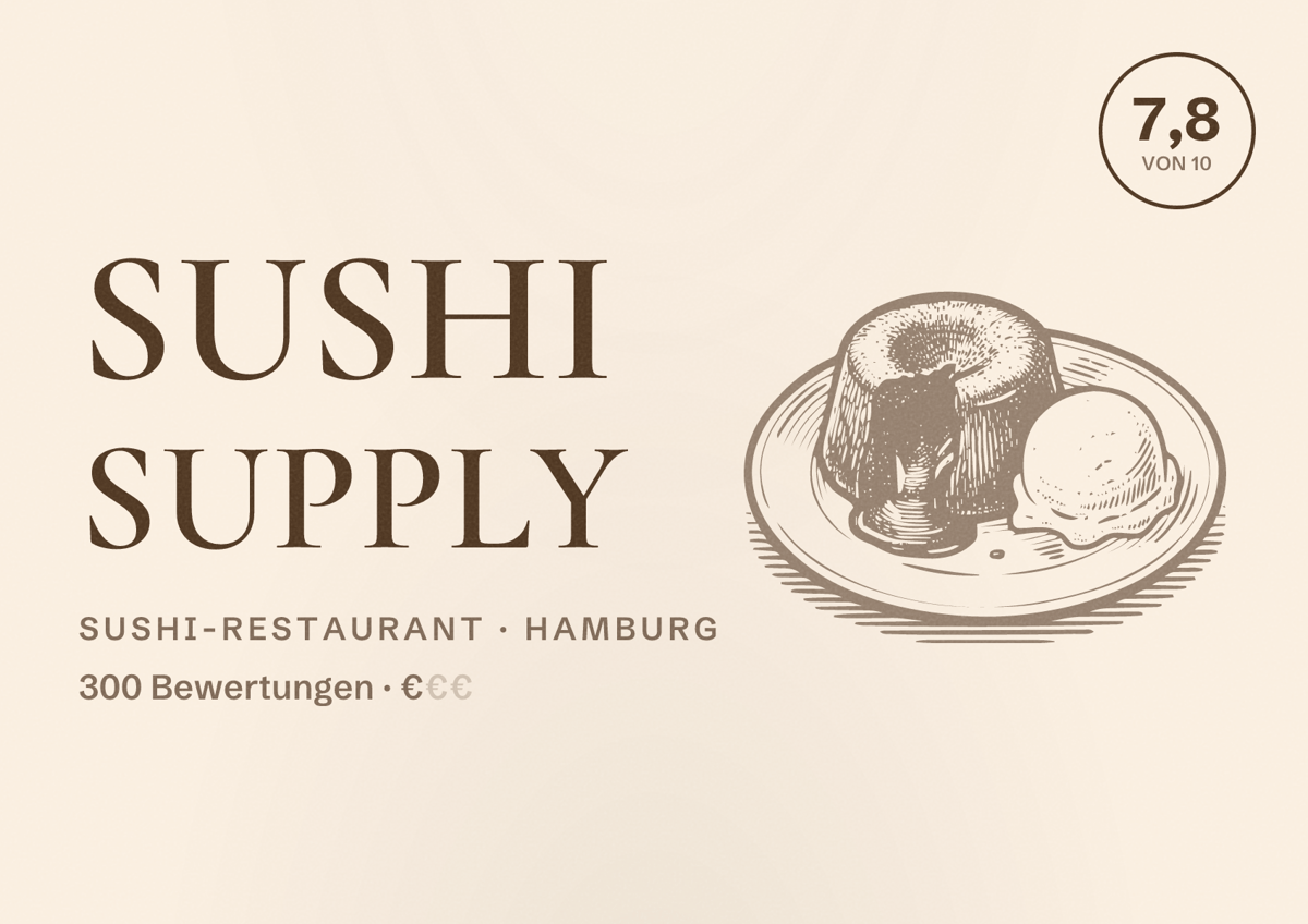 Illustriertes Poster von SUSHI SUPPLY, Sushi-Restaurant in Hamburg: Bewertung 7,8 von 10 aus 300 Bewertungen, Preisniveau €