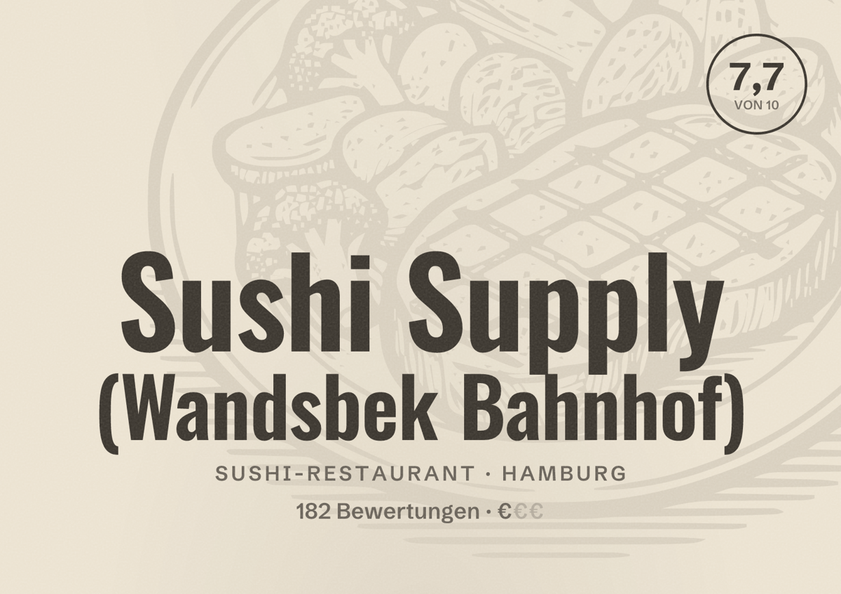 Illustriertes Poster von Sushi Supply (Wandsbek Bahnhof), Sushi-Restaurant in Hamburg: Bewertung 7,7 von 10 aus 182 Bewertungen, Preisniveau €