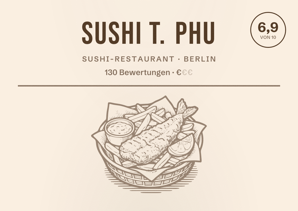 Illustriertes Poster von Sushi T. Phu, Sushi-Restaurant in Berlin: Bewertung 6,9 von 10 aus 130 Bewertungen, Preisniveau €
