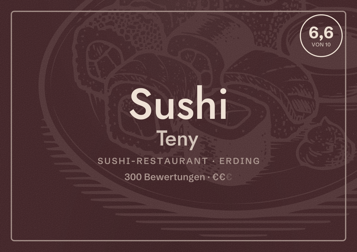 Illustriertes Poster von Sushi Teny, Sushi-Restaurant in Erding: Bewertung 6,6 von 10 aus 300 Bewertungen, Preisniveau €€