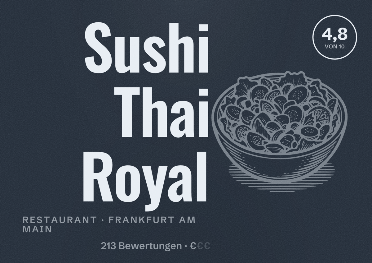 Illustriertes Poster von Sushi Thai Royal, Restaurant in Frankfurt am Main: Bewertung 4,8 von 10 aus 213 Bewertungen, Preisniveau €