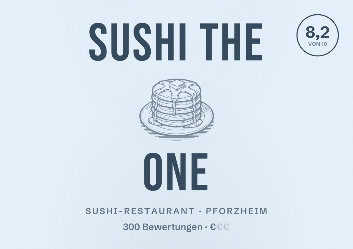 Illustriertes Poster von Sushi The One, Sushi-Restaurant in Pforzheim: Bewertung 8,2 von 10 aus 300 Bewertungen, Preisniveau €