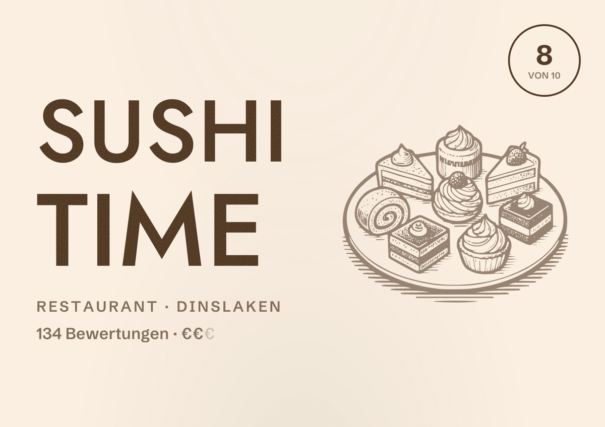 Illustriertes Poster von Sushi Time, Restaurant in Dinslaken: Bewertung 8 von 10 aus 134 Bewertungen, Preisniveau €€