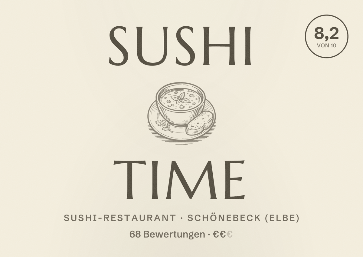 Illustriertes Poster von Sushi Time, Sushi-Restaurant in Schönebeck (Elbe): Bewertung 8,2 von 10 aus 68 Bewertungen, Preisniveau €€