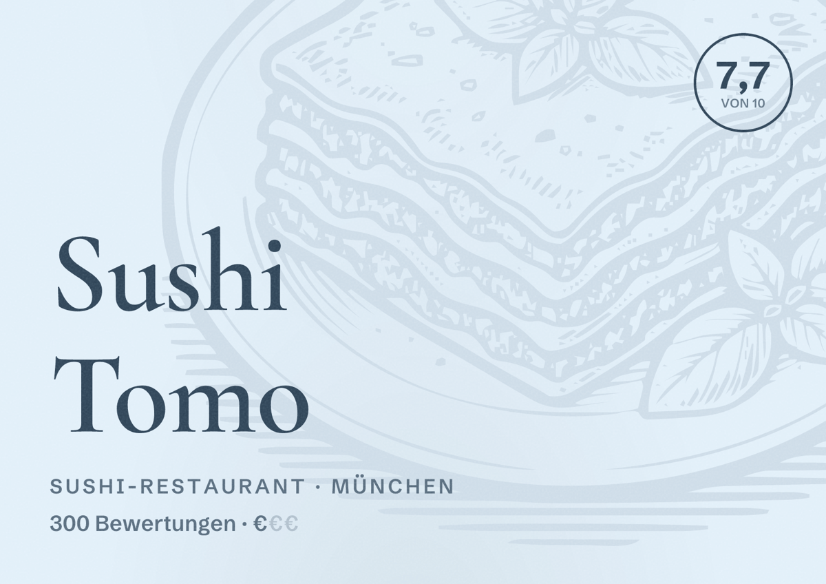 Illustriertes Poster von Sushi Tomo, Sushi-Restaurant in München: Bewertung 7,7 von 10 aus 300 Bewertungen, Preisniveau €