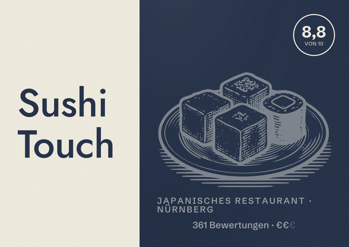 Illustriertes Poster von Sushi Touch, Japanisches Restaurant in Nürnberg: Gästebewertung 8,8 von 10 aus 361 Bewertungen