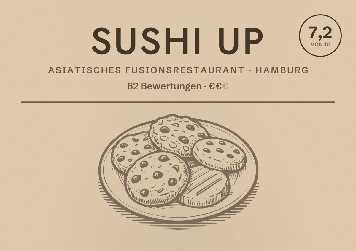 Illustriertes Poster von Sushi Up, Asiatisches Fusionsrestaurant in Hamburg: Bewertung 7,2 von 10 aus 62 Bewertungen, Preisniveau €€