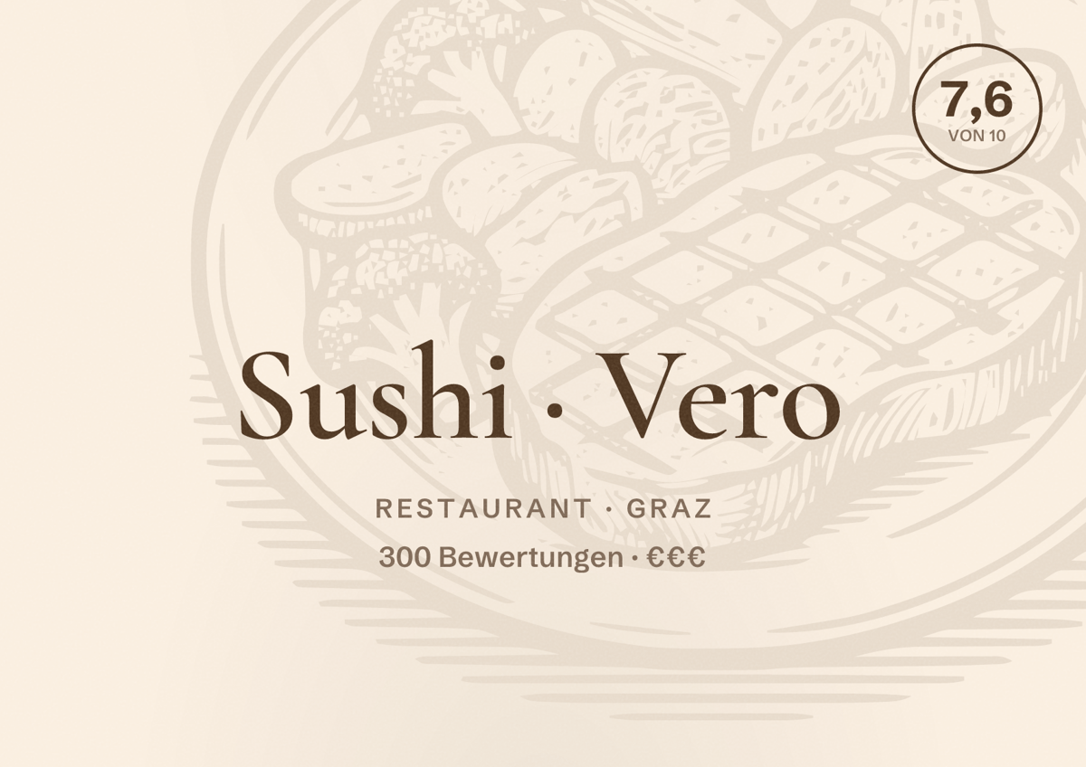 Illustriertes Poster von Sushi Vero, Restaurant in Graz: Bewertung 7,6 von 10 aus 300 Bewertungen, Preisniveau €€€
