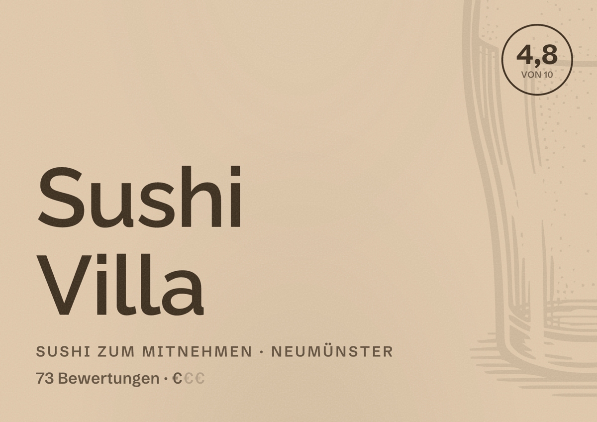 Illustriertes Poster von Sushi Villa, Sushi zum Mitnehmen in Neumünster: Bewertung 4,8 von 10 aus 73 Bewertungen, Preisniveau €