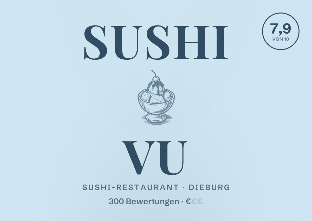 Illustriertes Poster von Sushi Vu, Sushi-Restaurant in Dieburg: Bewertung 7,9 von 10 aus 300 Bewertungen, Preisniveau €