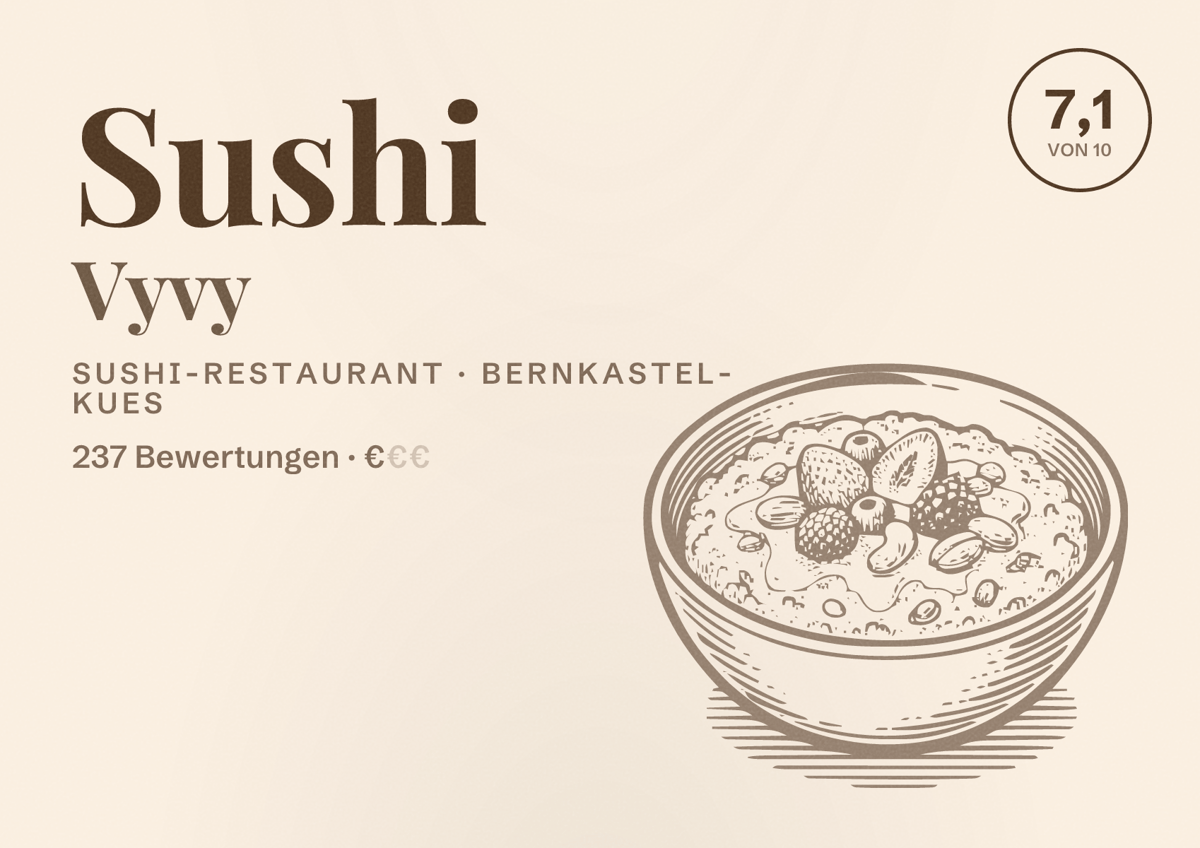 Illustriertes Poster von Sushi Vyvy, Sushi-Restaurant in Bernkastel-Kues: Bewertung 7,1 von 10 aus 237 Bewertungen, Preisniveau €