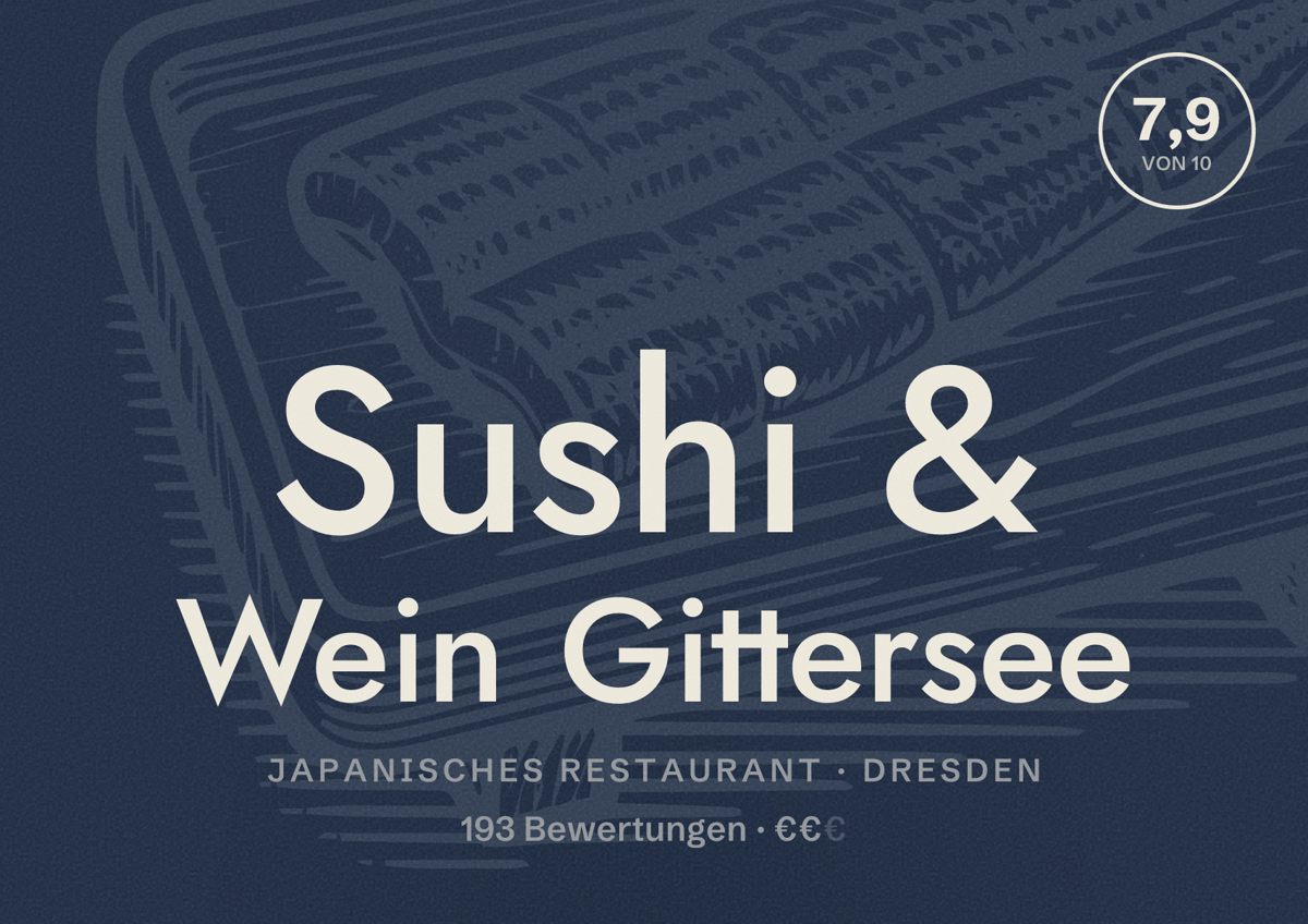 Illustriertes Poster von Sushi & Wein Gittersee, Japanisches Restaurant in Dresden: Bewertung 7,9 von 10 aus 193 Bewertungen, Preisniveau €€