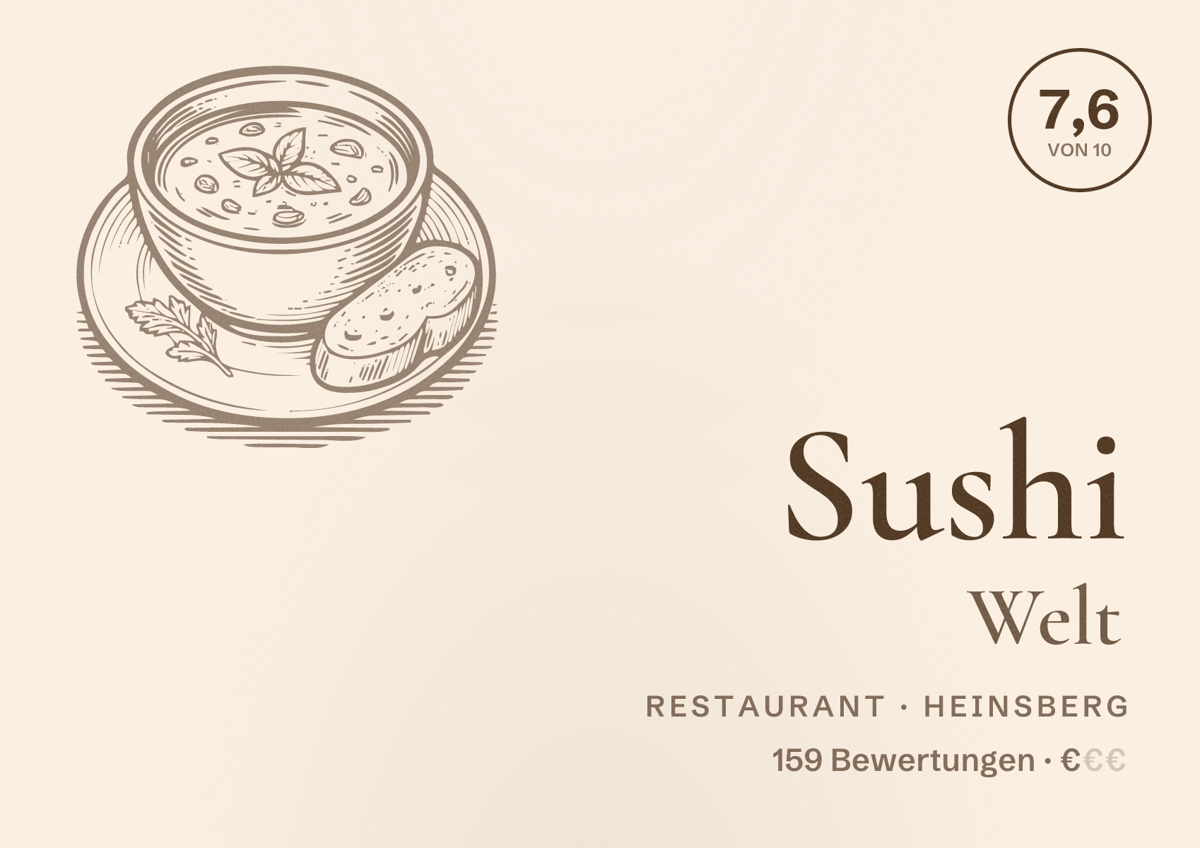 Illustriertes Poster von Sushi Welt, Restaurant in Heinsberg: Bewertung 7,6 von 10 aus 159 Bewertungen, Preisniveau €