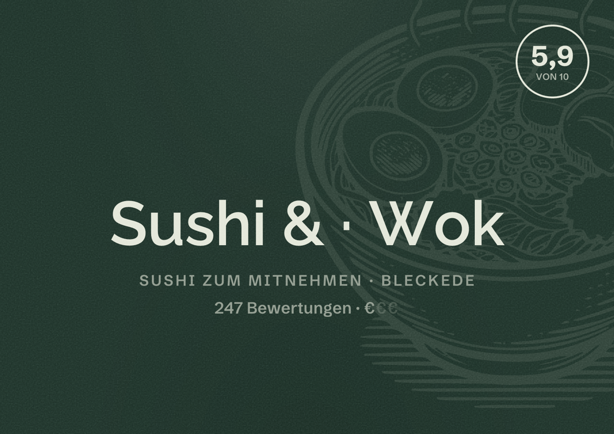 Illustriertes Poster von Sushi & Wok, Sushi zum Mitnehmen in Bleckede: Bewertung 5,9 von 10 aus 247 Bewertungen, Preisniveau €