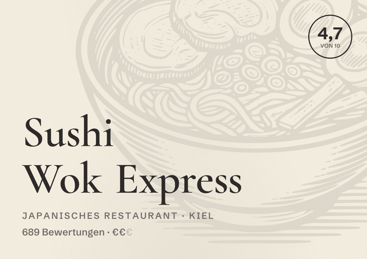 Illustriertes Poster von Sushi Wok Express, Japanisches Restaurant in Kiel: Bewertung 4,7 von 10 aus 689 Bewertungen, Preisniveau €€
