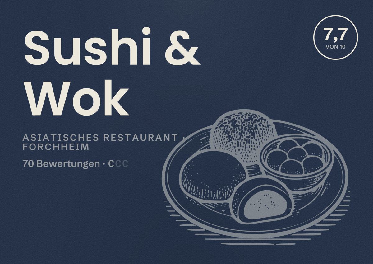 Illustriertes Poster von Sushi & Wok, Asiatisches Restaurant in Forchheim: Bewertung 7,7 von 10 aus 70 Bewertungen, Preisniveau €