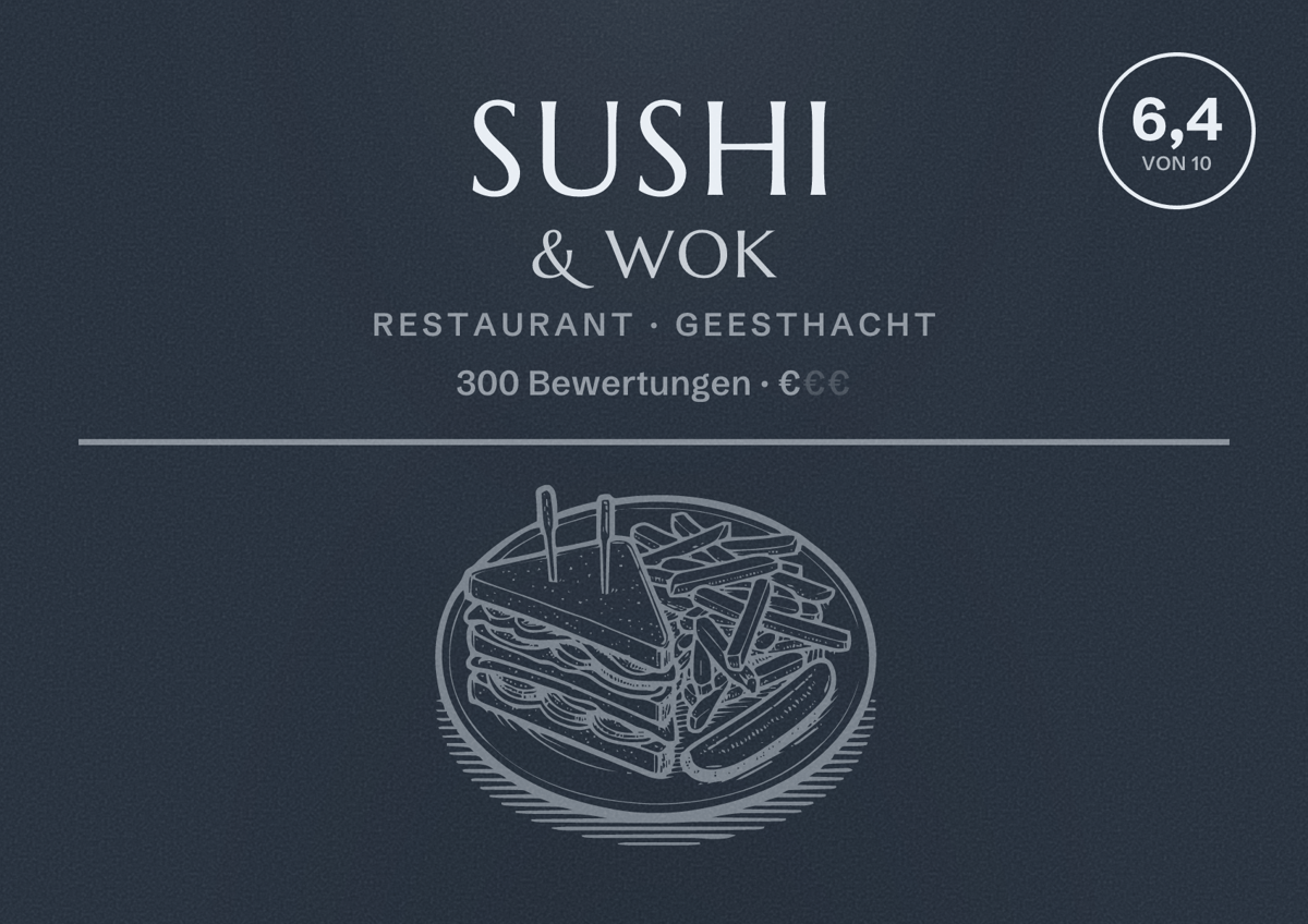 Illustriertes Poster von Sushi & Wok, Restaurant in Geesthacht: Bewertung 6,4 von 10 aus 300 Bewertungen, Preisniveau €