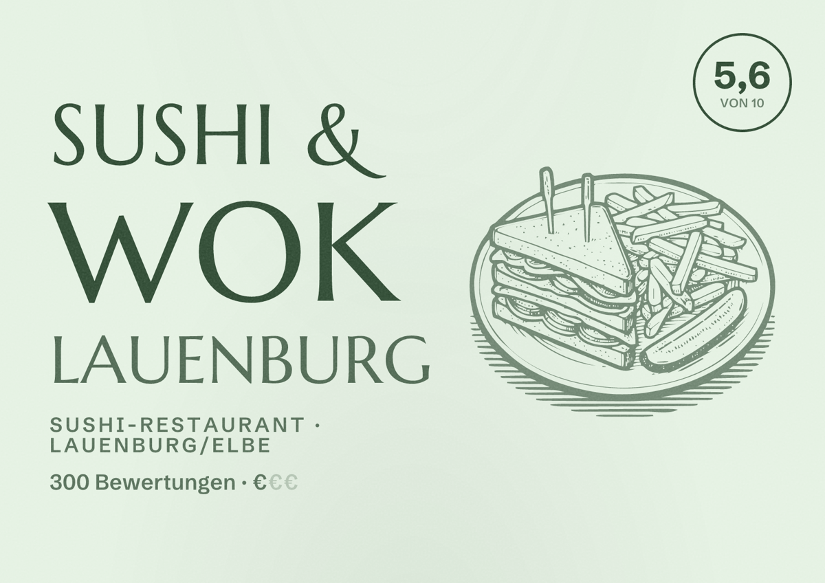 Illustriertes Poster von Sushi & Wok Lauenburg, Sushi-Restaurant in Lauenburg/Elbe: Bewertung 5,6 von 10 aus 300 Bewertungen, Preisniveau €