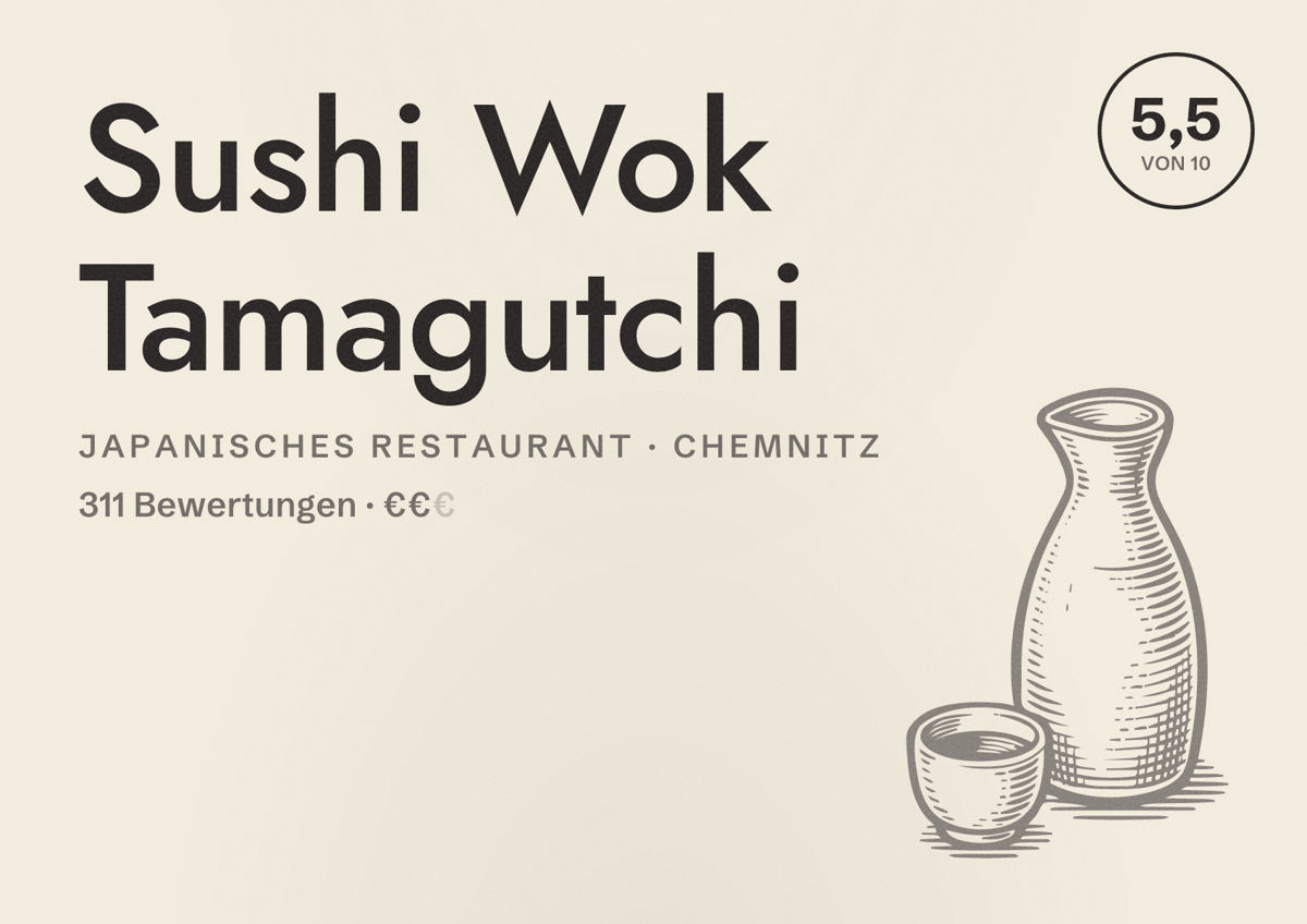 Illustriertes Poster von Sushi Wok Tamagutchi, Japanisches Restaurant in Chemnitz: Gästebewertung 5,5 von 10 aus 311 Bewertungen