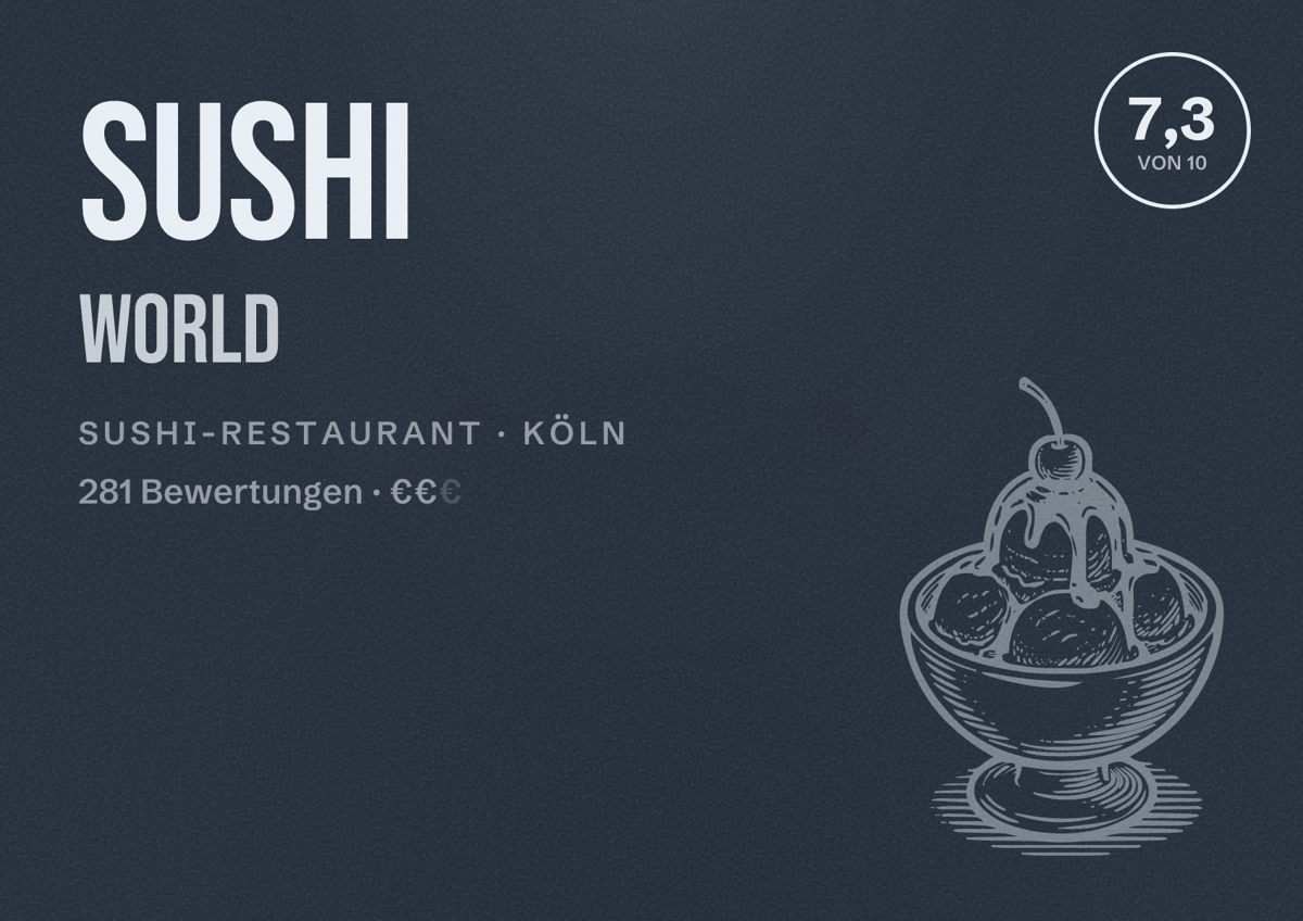 Illustriertes Poster von Sushi World, Sushi-Restaurant in Köln: Bewertung 7,3 von 10 aus 281 Bewertungen, Preisniveau €€