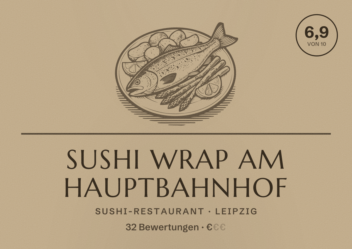 Illustriertes Poster von Sushi Wrap Am Hauptbahnhof, Sushi-Restaurant in Leipzig: Bewertung 6,9 von 10 aus 32 Bewertungen, Preisniveau €
