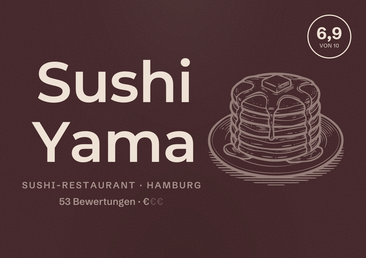 Illustriertes Poster von Sushi Yama, Sushi-Restaurant in Hamburg: Bewertung 6,9 von 10 aus 53 Bewertungen, Preisniveau €