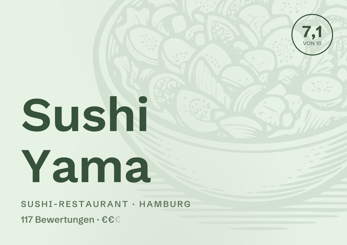 Illustriertes Poster von Sushi Yama, Sushi-Restaurant in Hamburg: Bewertung 7,1 von 10 aus 117 Bewertungen, Preisniveau €€