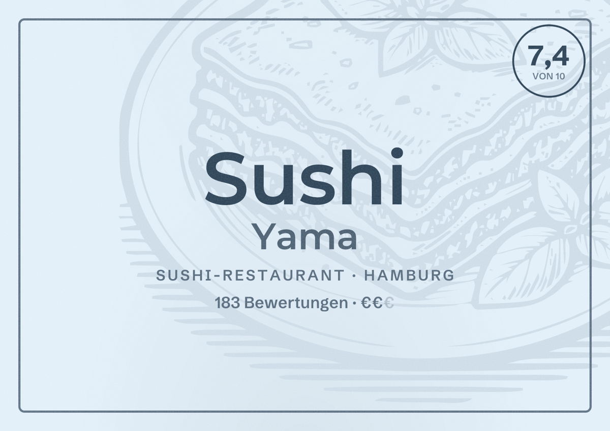 Illustriertes Poster von Sushi Yama, Sushi-Restaurant in Hamburg: Bewertung 7,4 von 10 aus 183 Bewertungen, Preisniveau €€