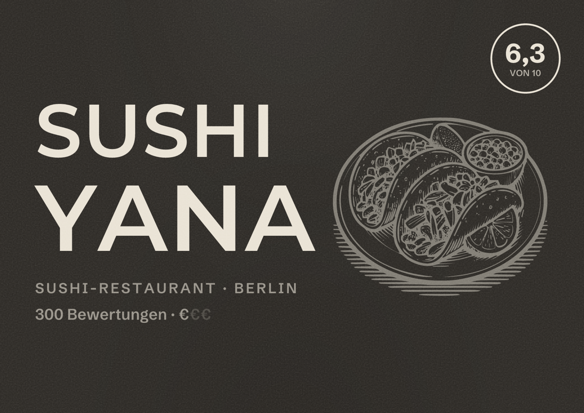 Illustriertes Poster von Sushi Yana, Sushi-Restaurant in Berlin: Bewertung 6,3 von 10 aus 300 Bewertungen, Preisniveau €