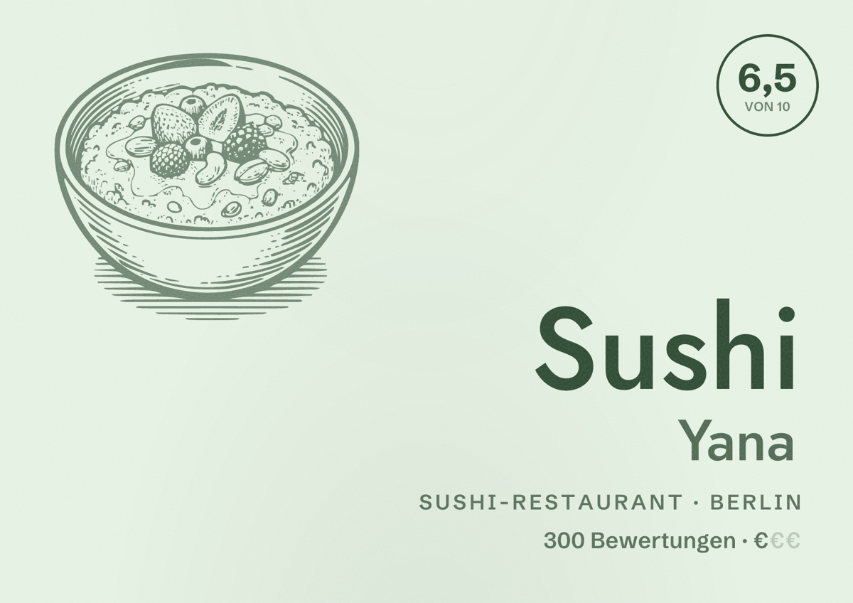 Illustriertes Poster von Sushi Yana, Sushi-Restaurant in Berlin: Bewertung 6,5 von 10 aus 300 Bewertungen, Preisniveau €
