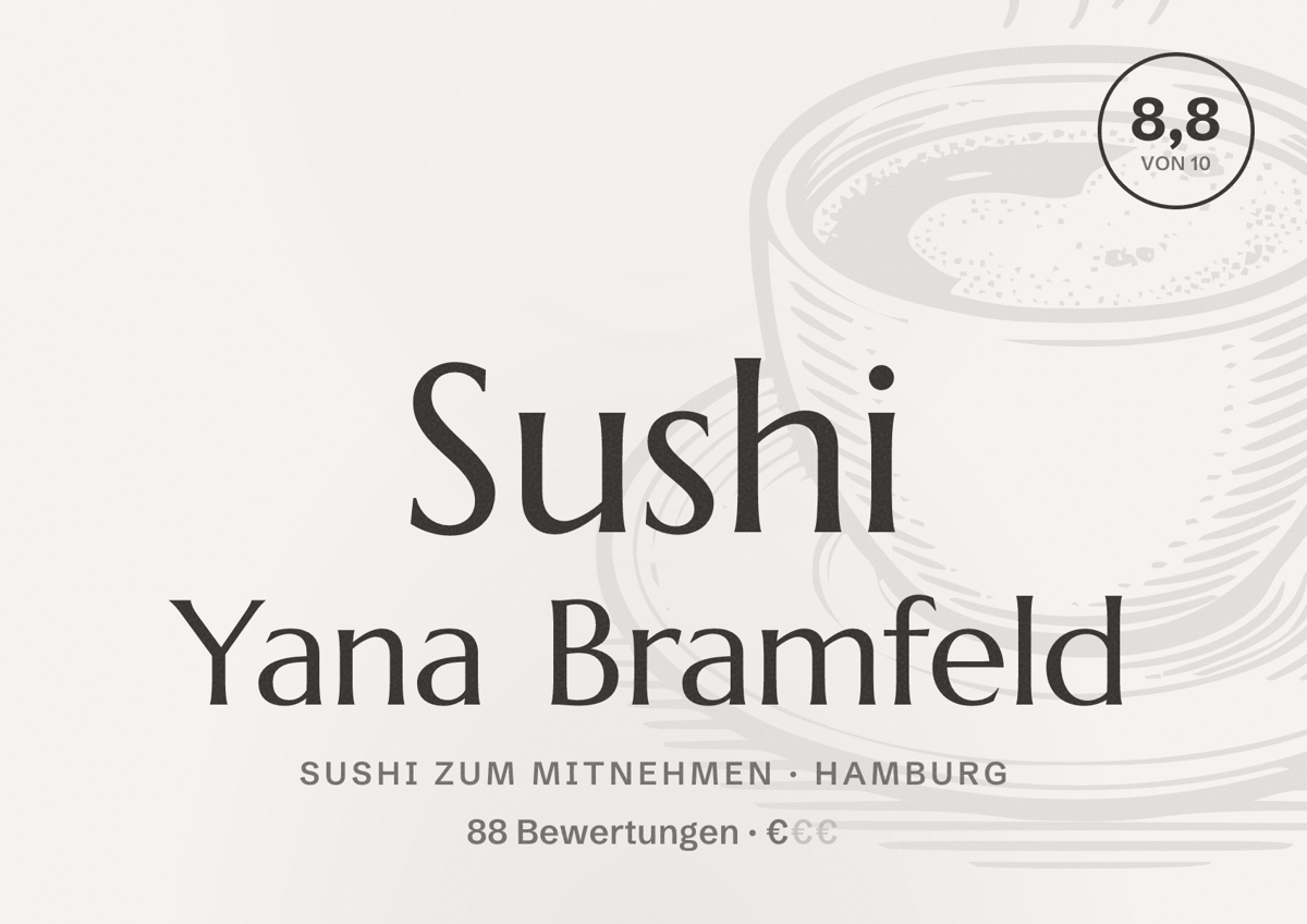 Illustriertes Poster von Sushi Yana Bramfeld, Sushi zum Mitnehmen in Hamburg: Bewertung 8,8 von 10 aus 88 Bewertungen, Preisniveau €