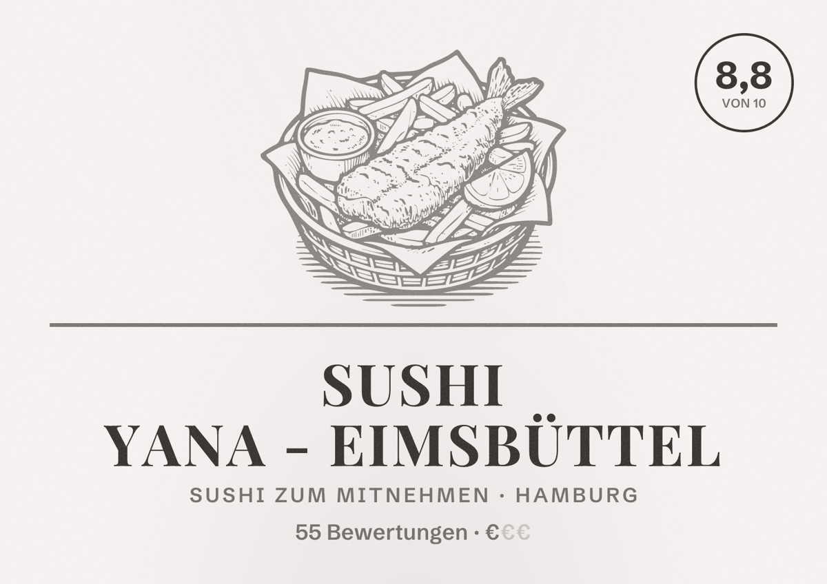 Illustriertes Poster von Sushi Yana - Eimsbüttel, Sushi zum Mitnehmen in Hamburg: Bewertung 8,8 von 10 aus 55 Bewertungen, Preisniveau €