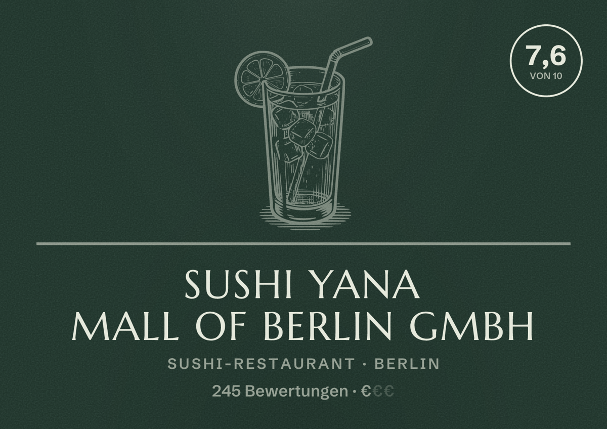 Illustriertes Poster von Sushi Yana Mall of Berlin GmbH, Sushi-Restaurant in Berlin: Bewertung 7,6 von 10 aus 245 Bewertungen, Preisniveau €