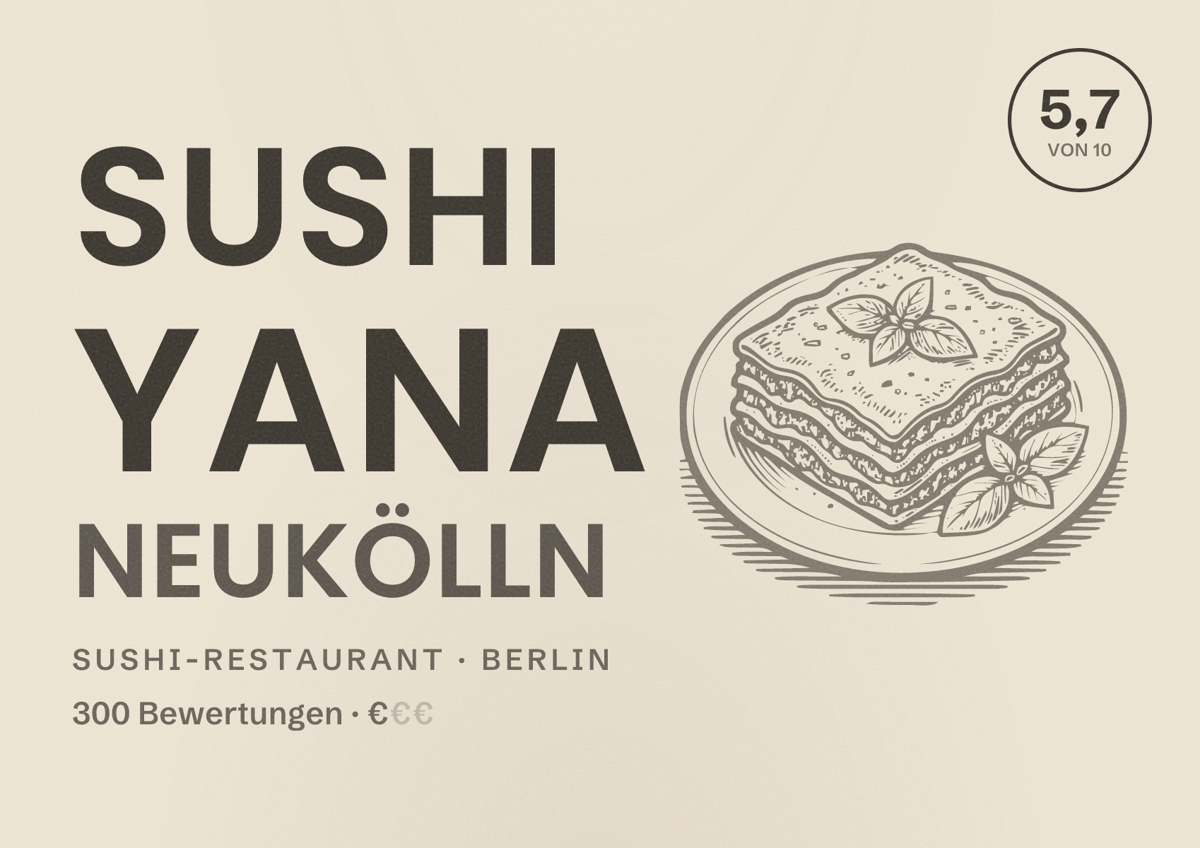 Illustriertes Poster von Sushi Yana Neukölln, Sushi-Restaurant in Berlin: Bewertung 5,7 von 10 aus 300 Bewertungen, Preisniveau €